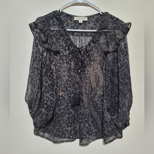 Lovestich Animal Print Black Patterned Blouse with Ruffle Accents
